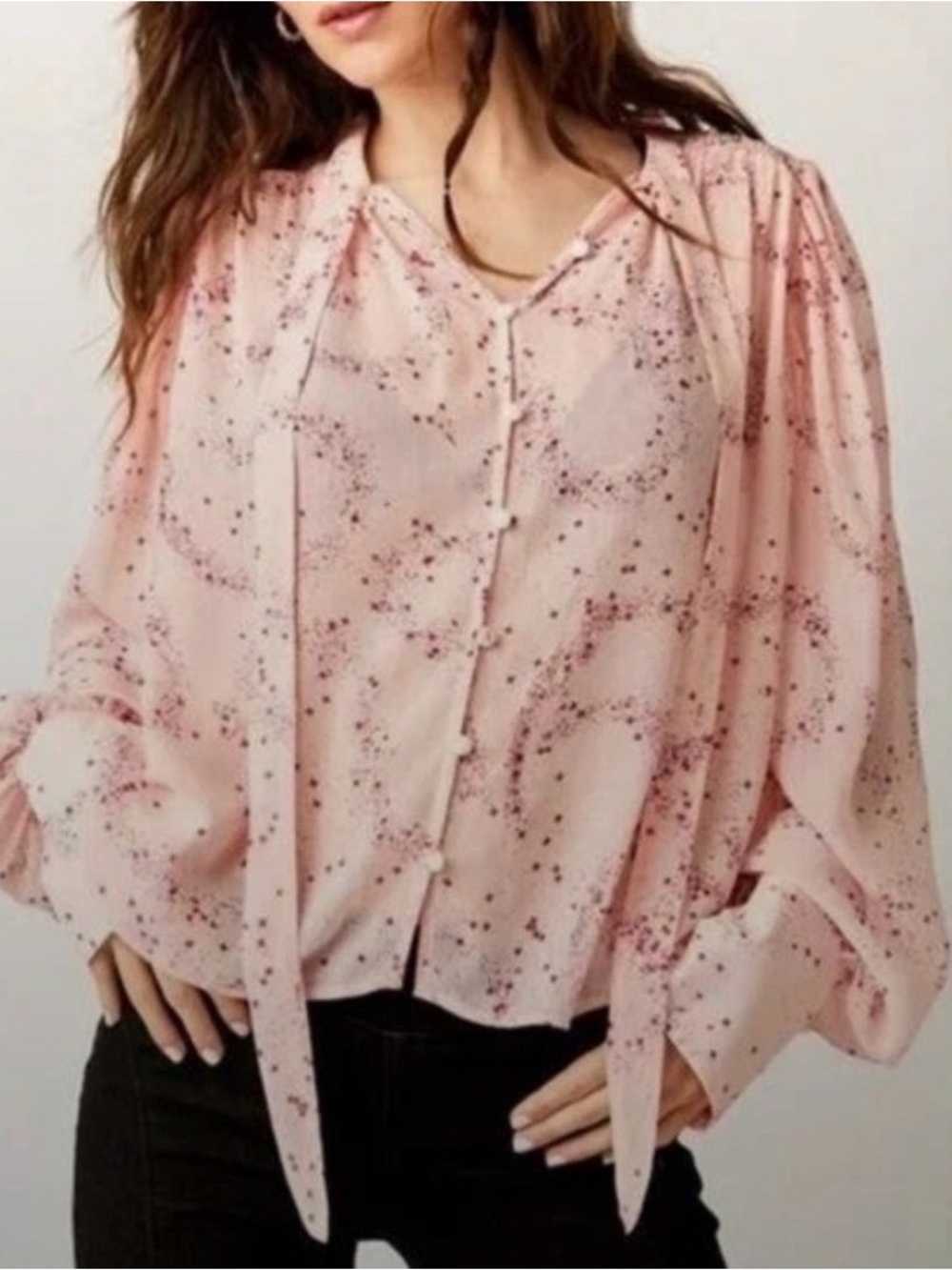 Free People Blush Pink Printed Tie-Neck Blouse